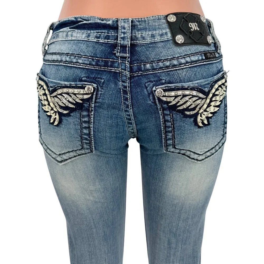 Miss Me Rhinestone Wing Distressed Skinny Jeans | McBling Y2K Early 2010s Tumblr - Picture 7 of 16